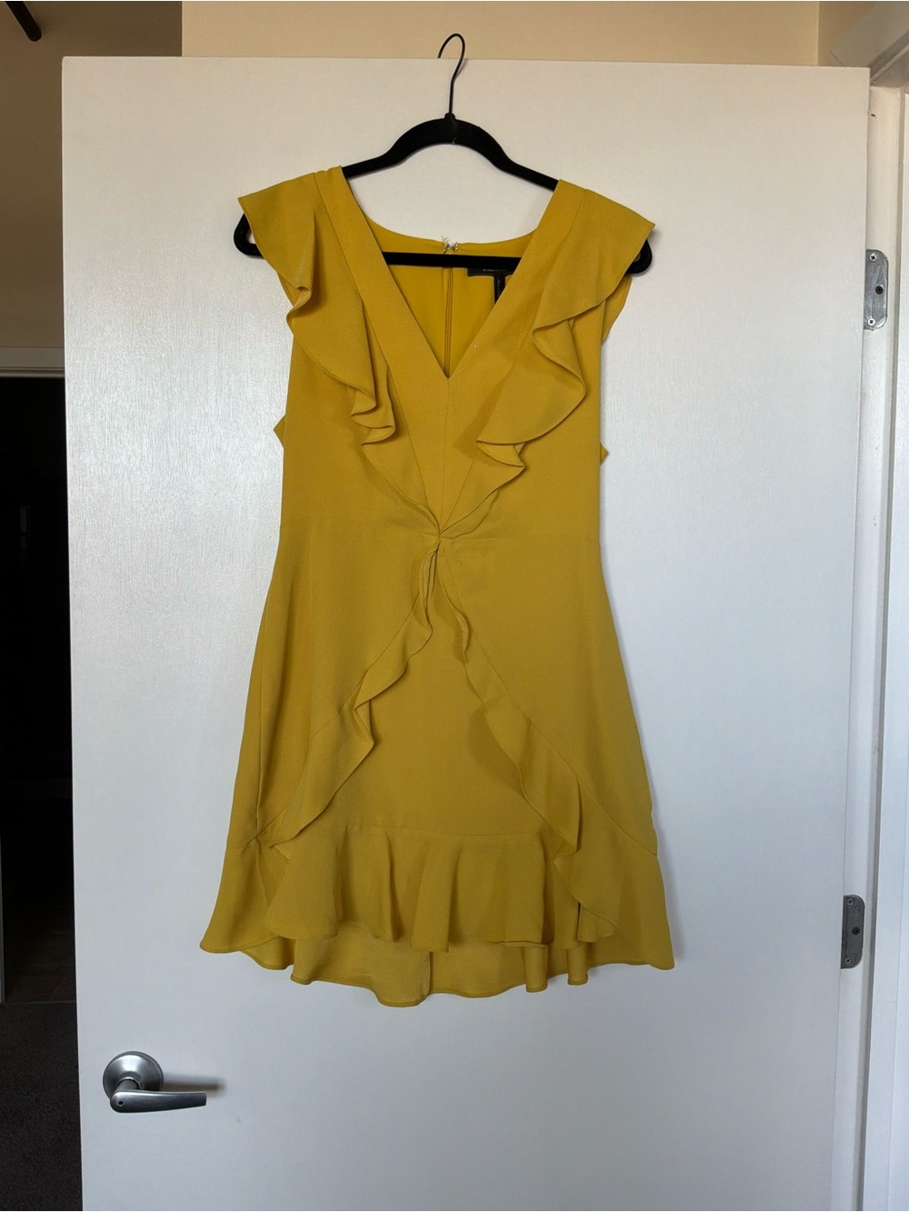 BCBGMaxAzria Mustard Ruffle V-Neck Mini Dress